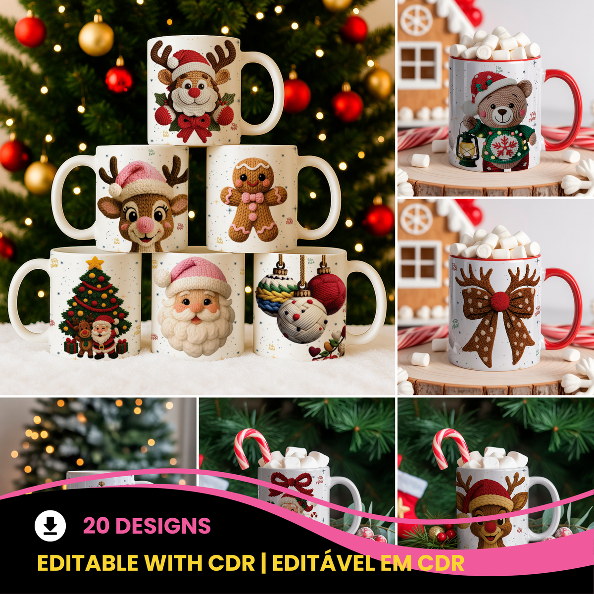 Knitted Christmas Mug Sublimation PNG Bundle | Cozy Holiday Mug Wrap Designs