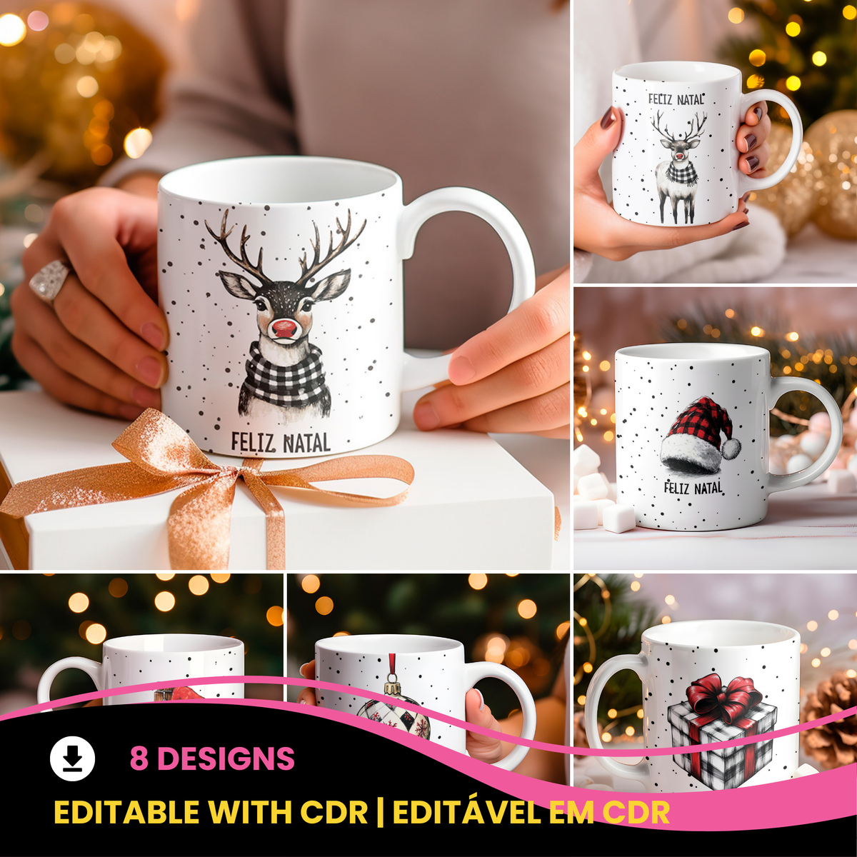 Rustic Christmas Mug Sublimation Bundle | Buffalo Plaid Holiday Mug Wrap Designs