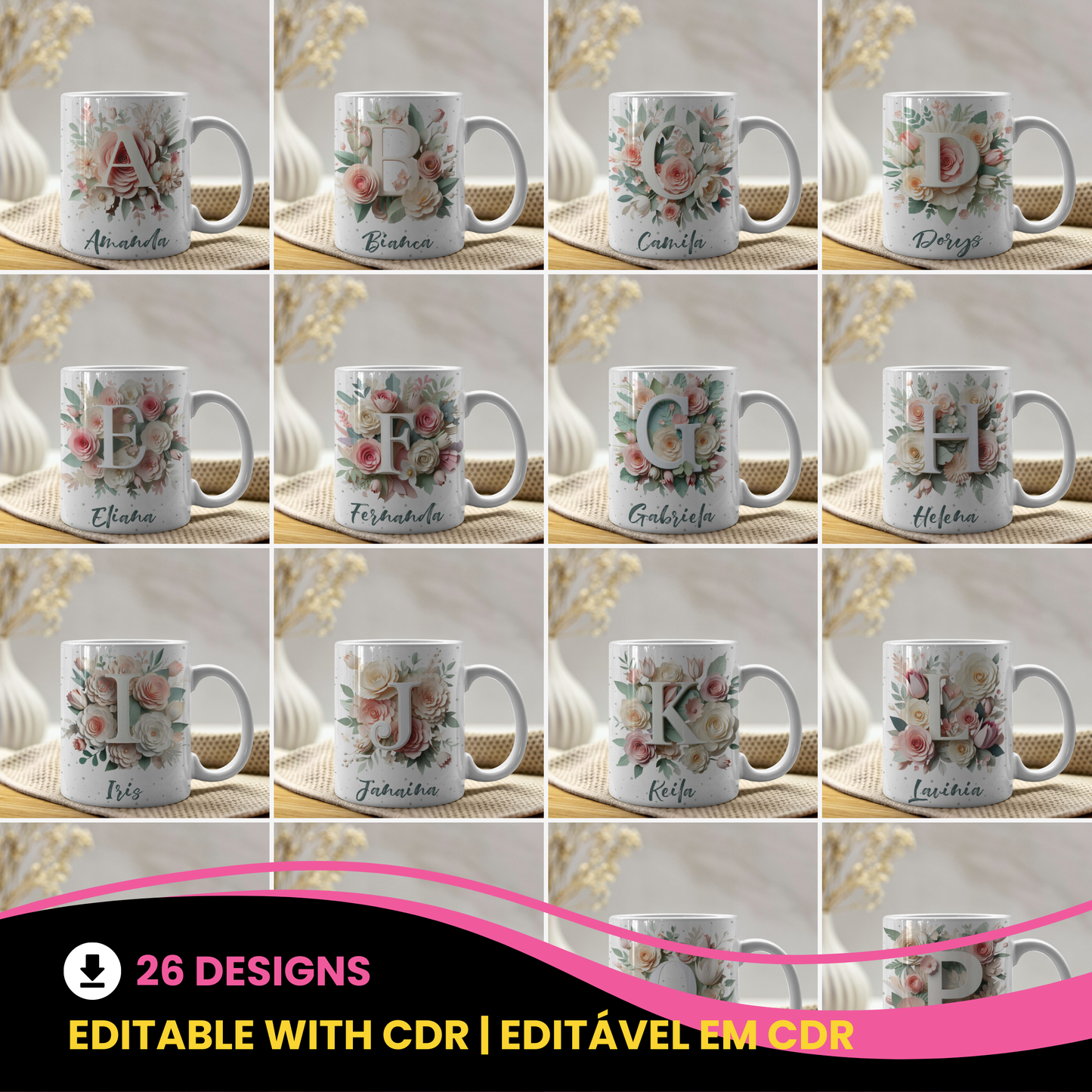Floral Alphabet Mug Sublimation Design | Editable Letter Monogram Cups