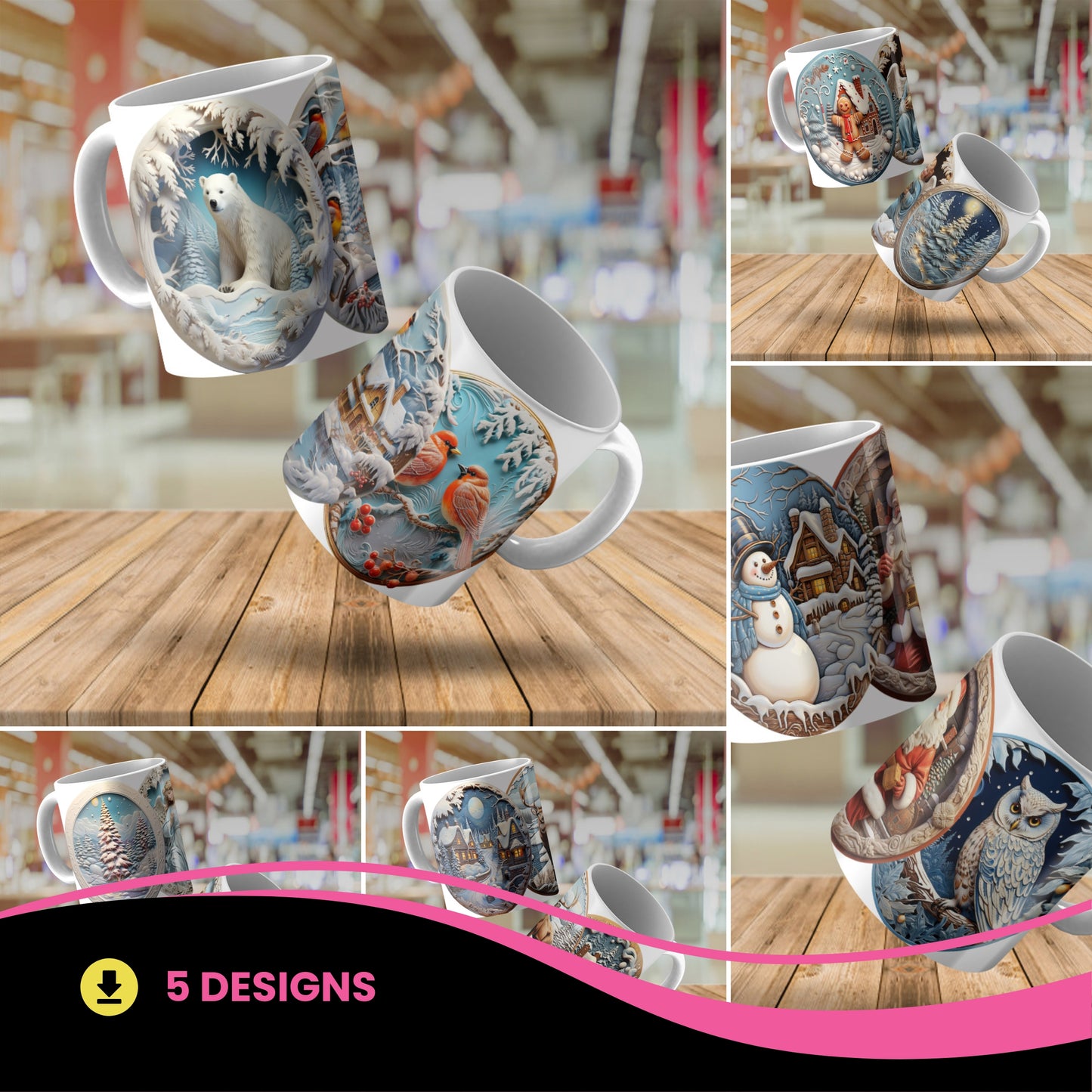3D Winter Wonderland Mug Sublimation Wrap PNG Bundle | Embossed Christmas Vignette Mug Template
