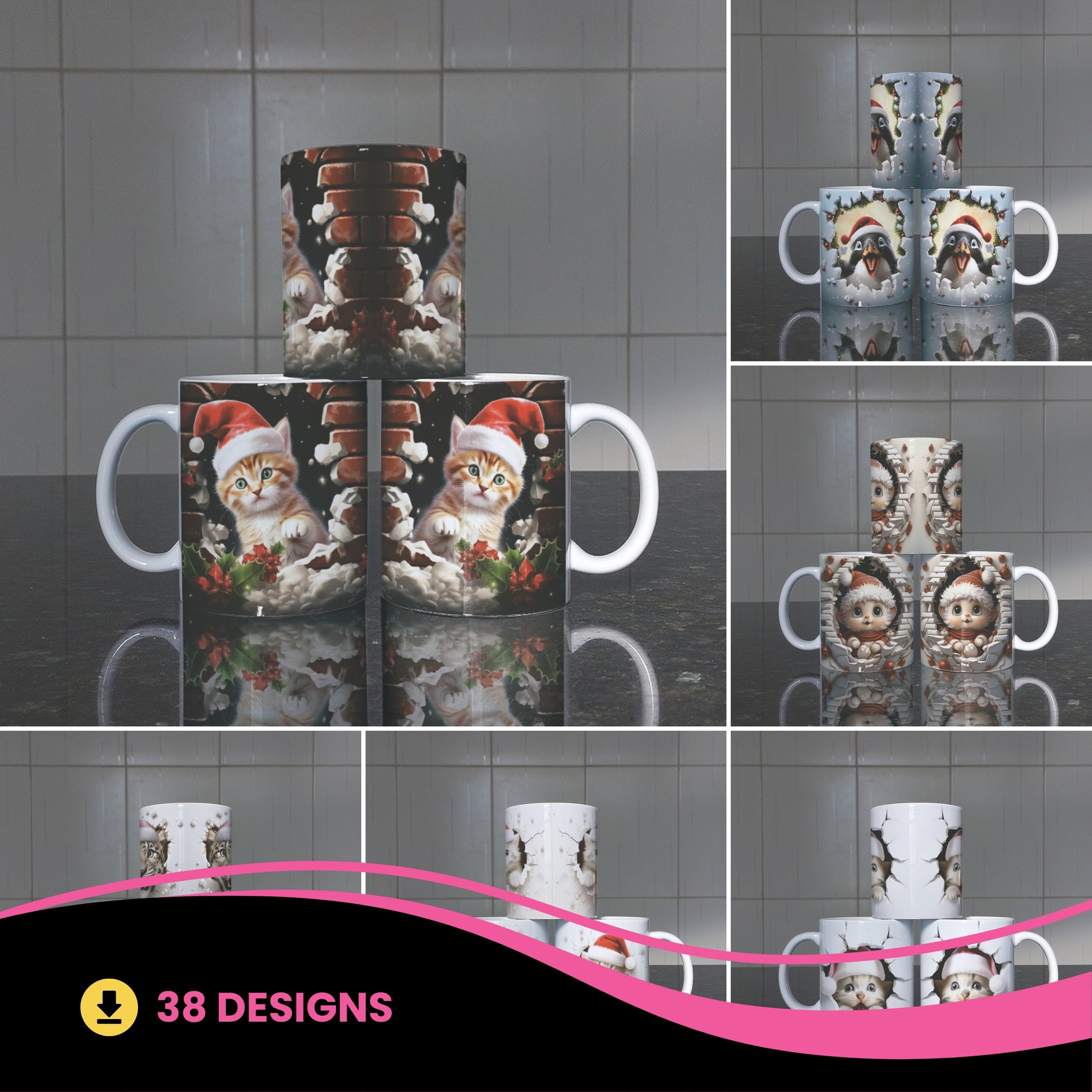 3D Christmas Animal Mug Sublimation PNG Bundle | Bursting Cute Pets Santa Hat Mug Wrap