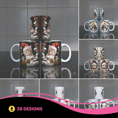 3D Christmas Animal Mug Sublimation PNG Bundle | Bursting Cute Pets Santa Hat Mug Wrap