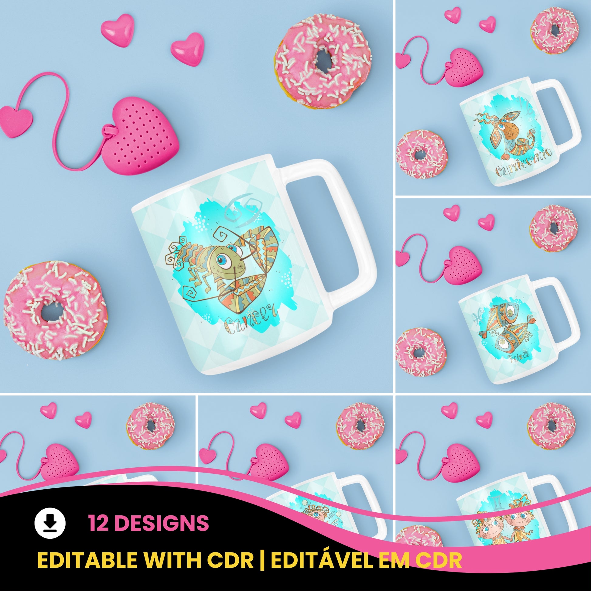 Cute Doodle Zodiac Mug Sublimation PNG Bundle | Whimsical Astrology Coffee Cup Wrap