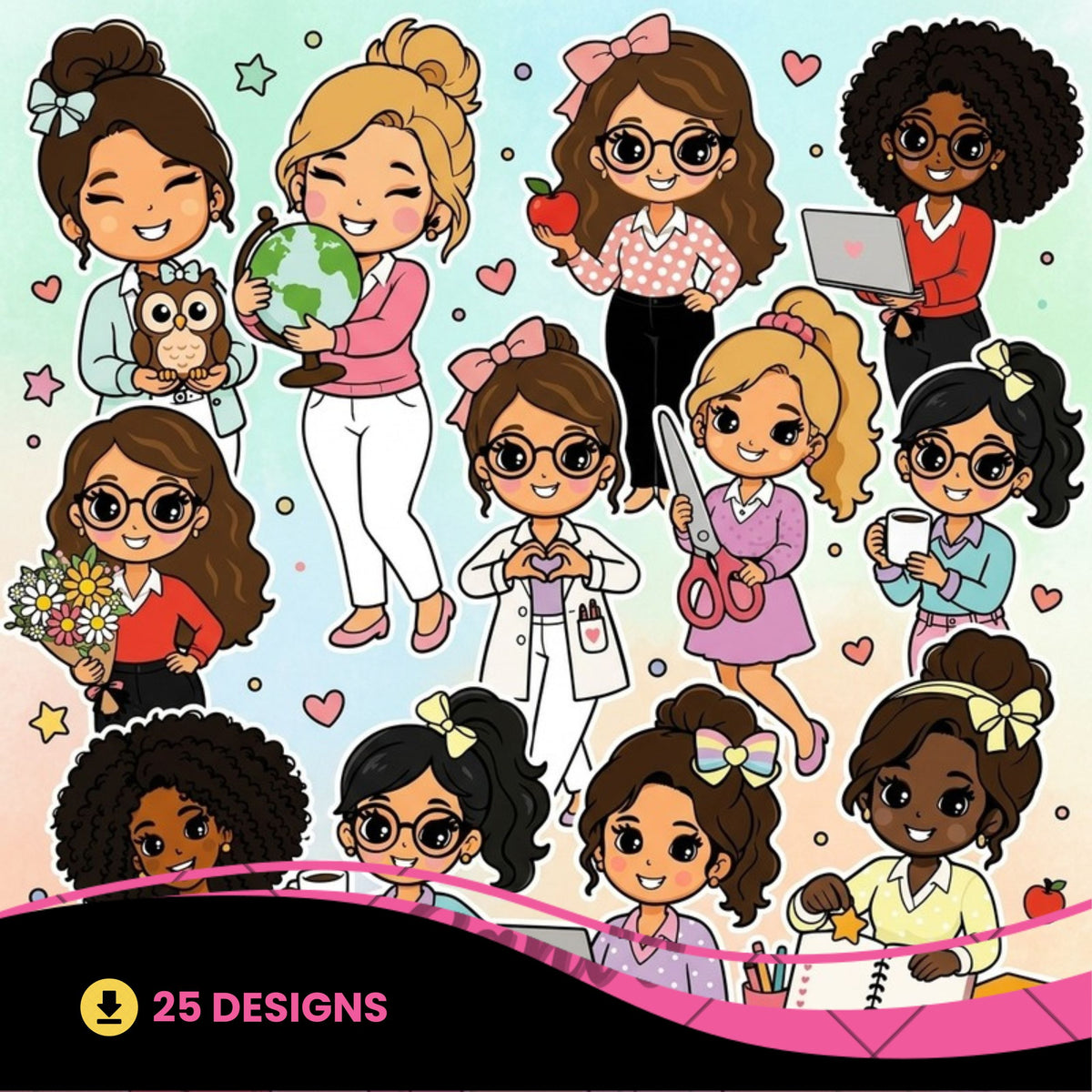 Cute Teacher Clipart PNG Bundle | Chibi Educator Digital Stickers