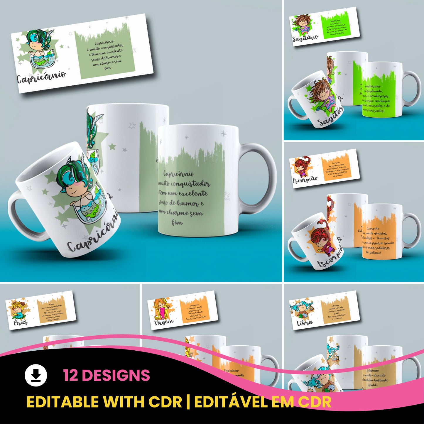 Cute Zodiac Mug Sublimation PNG Bundle | Astrology Signs Coffee Cup Wrap