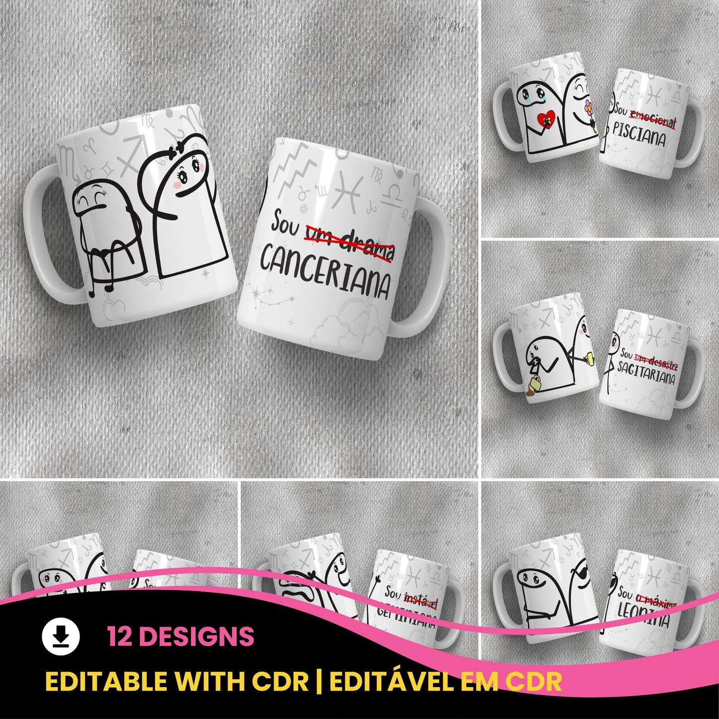 Funny Flork Zodiac Mug Sublimation PNG Bundle | Meme Astrology Mug Wrap