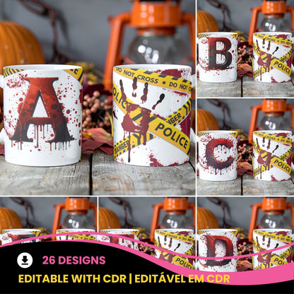 Bloody Alphabet Mug Wrap PNG Bundle | Halloween Crime Scene Monogram Mug Sublimation Designs A-Z