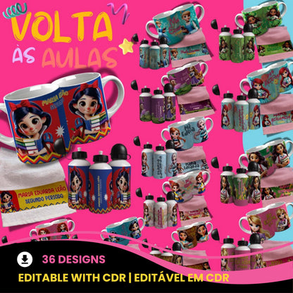 Back to School Sublimation Bundle | Cute Princess School Girl Mug Wrap PNG | Water Bottle & Hand Towel Template | Customizable Kids School Set PNG