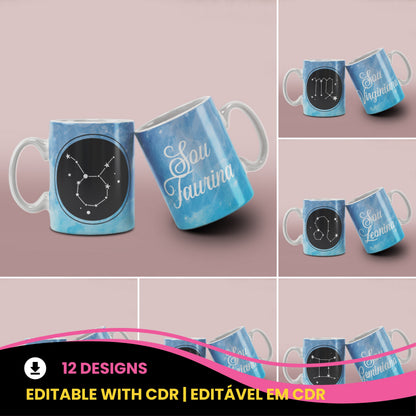 Zodiac Constellation Mug Sublimation PNG Bundle | Watercolor Astronomy Coffee Cup Wrap