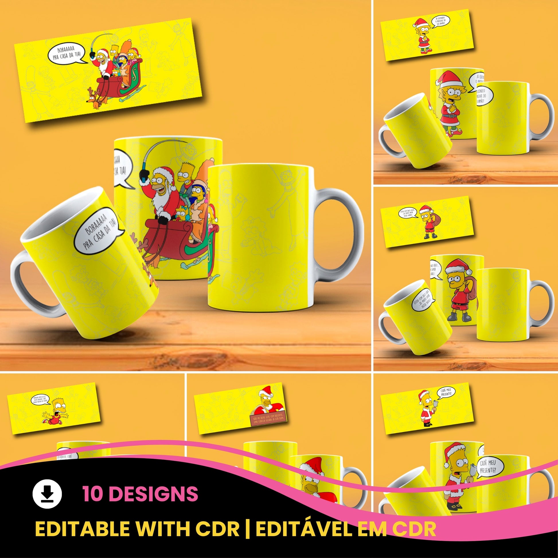 Funny Christmas Yellow Family Mug Sublimation PNG Bundle | Funny Holiday Cartoon Coffee Cup Wrap Template