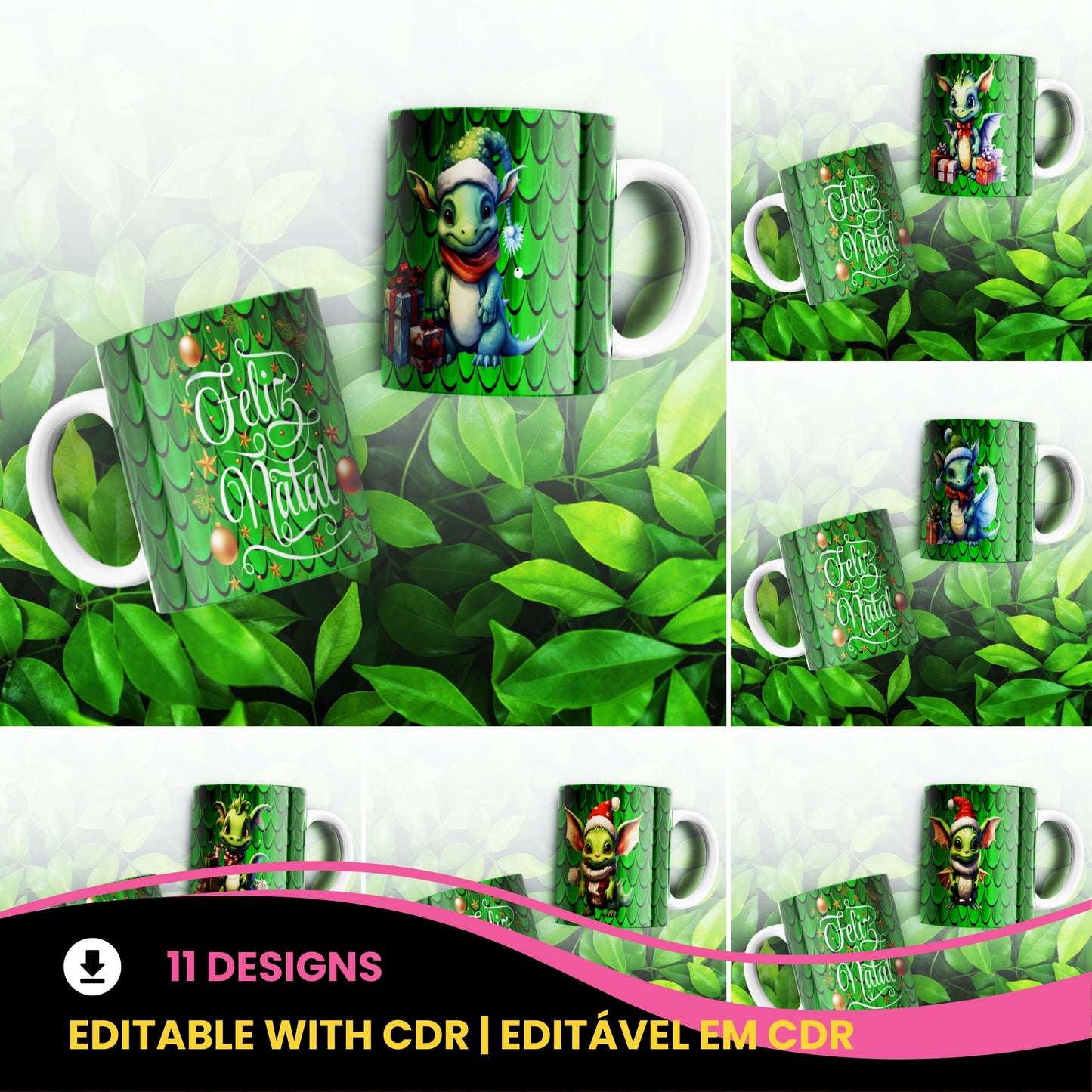 Cute Christmas Baby Dragon Mug Sublimation Wrap PNG Bundle | Festive Dragon Scales Mug Template
