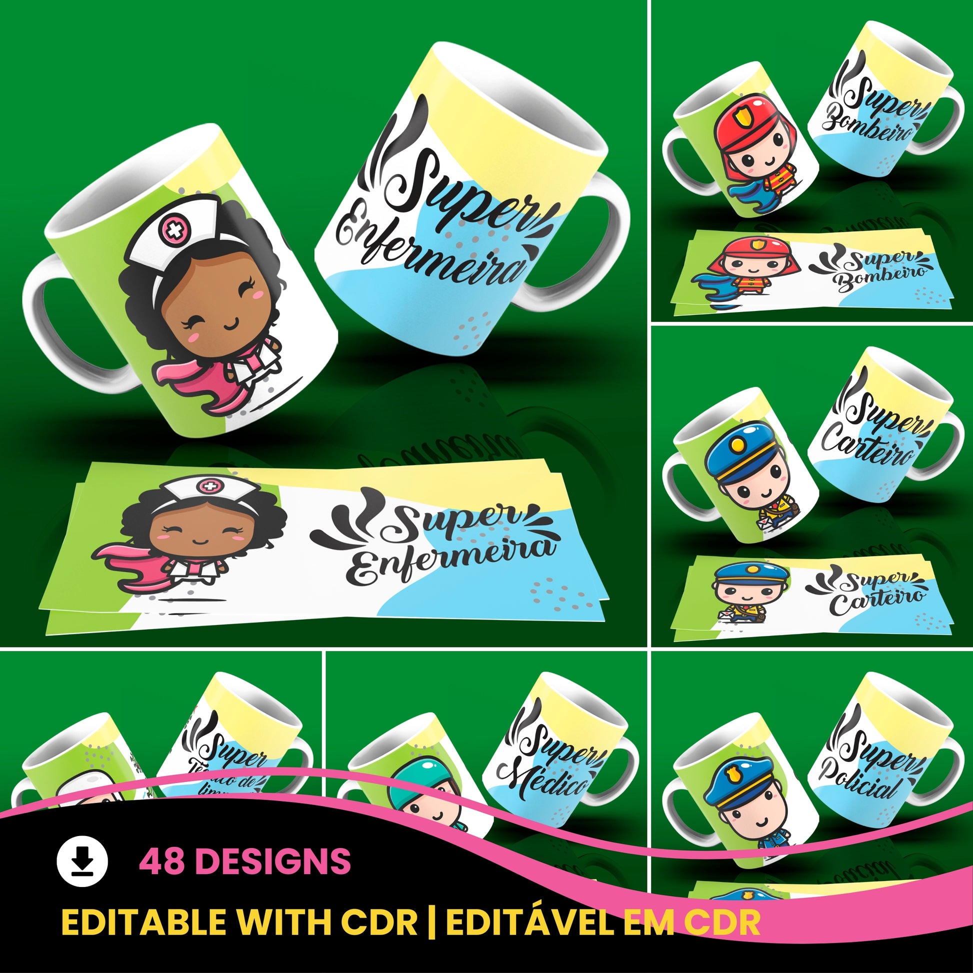 Cute Super Professions Mug Sublimation PNG Bundle | Chibi Superhero Career Coffee Cup Wrap