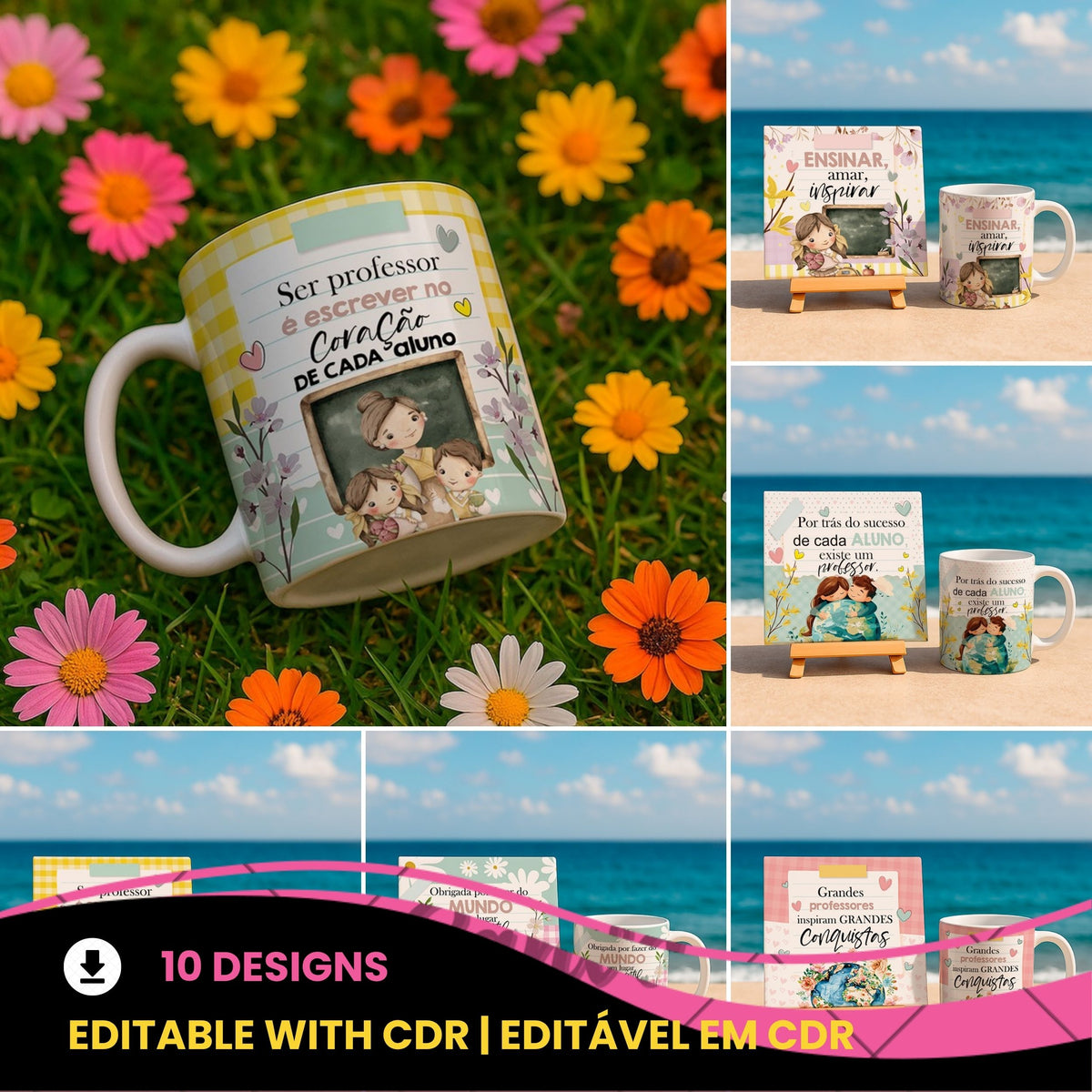 Teacher Appreciation Sublimation PNG Bundle | Portuguese Teacher Mug Wrap and Ceramic Tile Design