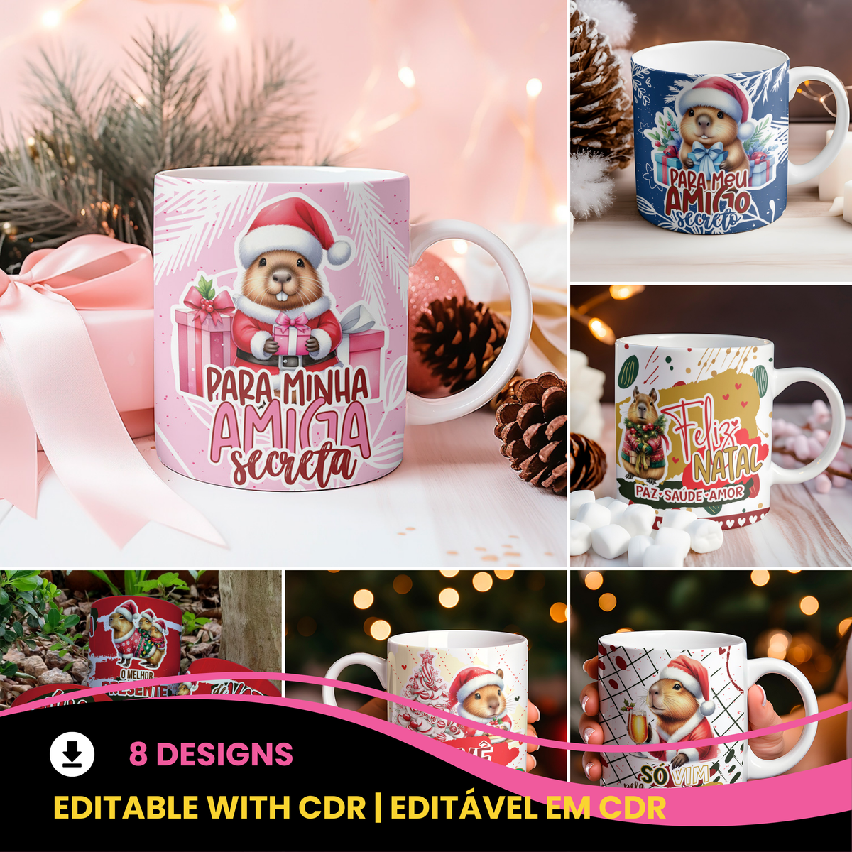 Christmas Mug Sublimation Bundle | Cute Capybara Holiday Mug Wrap Design