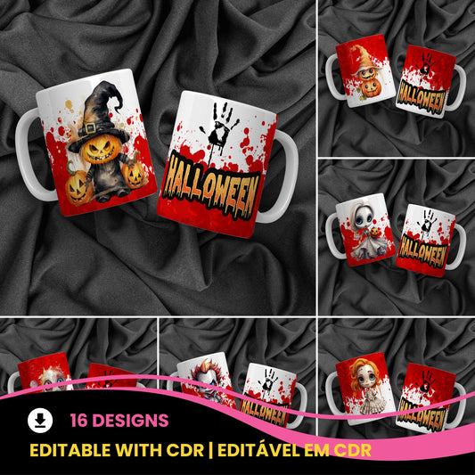 Creepy Cute Halloween Mug Sublimation PNG Bundle | Bloody Horror Clown & Pumpkin Mug Wrap 11oz 15oz Template