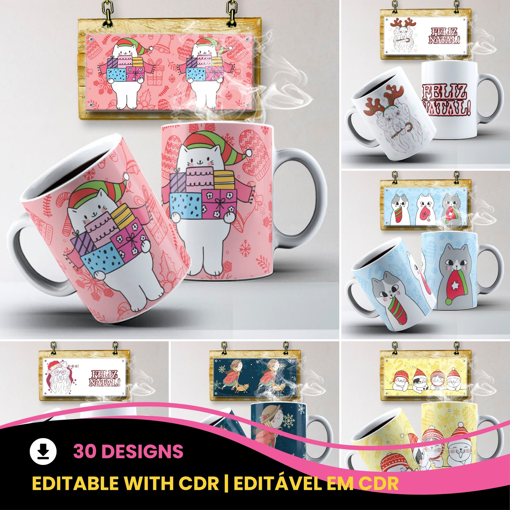 Christmas Pets Mug Sublimation PNG Bundle | Cute Dog and Cat Holiday Mug Wrap Template