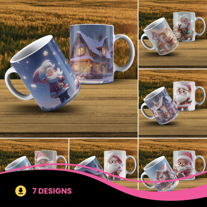 Cute Santa & Cozy Cottage Mug Wrap Bundle PNG | Christmas Village Sublimation Design