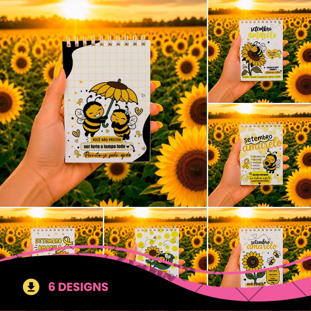 Yellow September Planner Cover Sublimation PNG Bundle, Cute Bee Sunflower Mental Health Journal Cover PNG