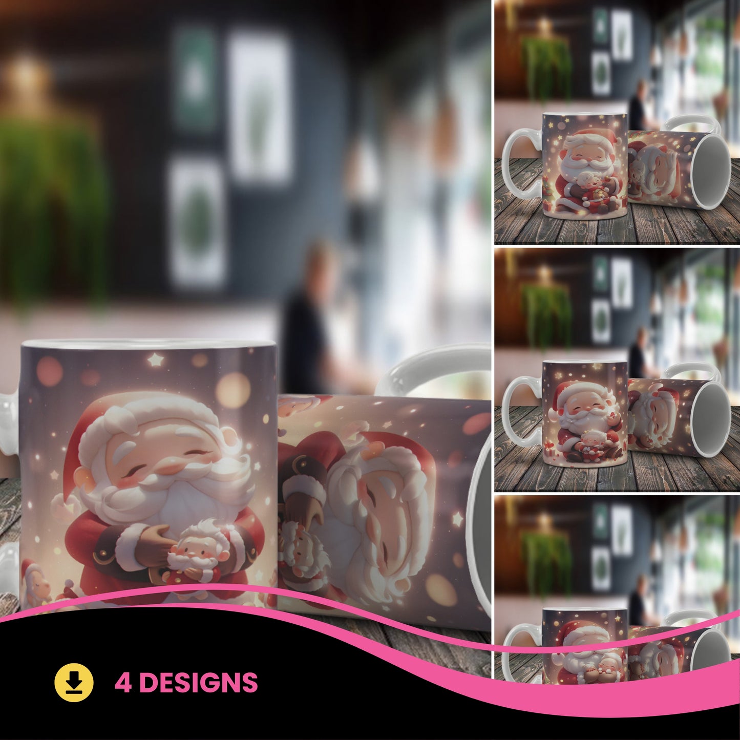 Cute Santa Claus Hugs Mug Wrap Bundle PNG | Adorable Christmas Sublimation Design