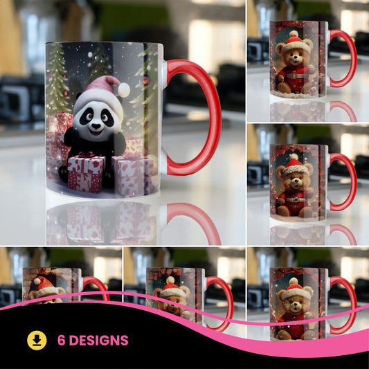 3D Christmas Teddy Bear & Panda Mug Sublimation PNG Bundle | Cute Holiday Animal Santa Mug Wrap 11oz 15oz Template