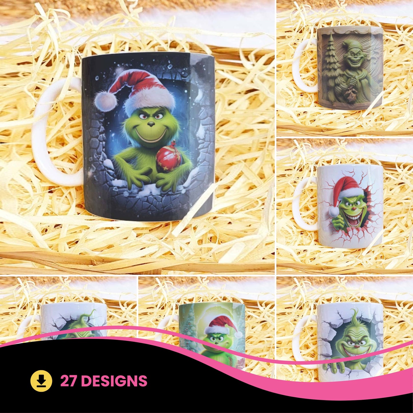 3D Funny Green Christmas Monster Mug Sublimation PNG Bundle | Cracked Wall Holiday Santa Mug Wrap 11oz 15oz Template