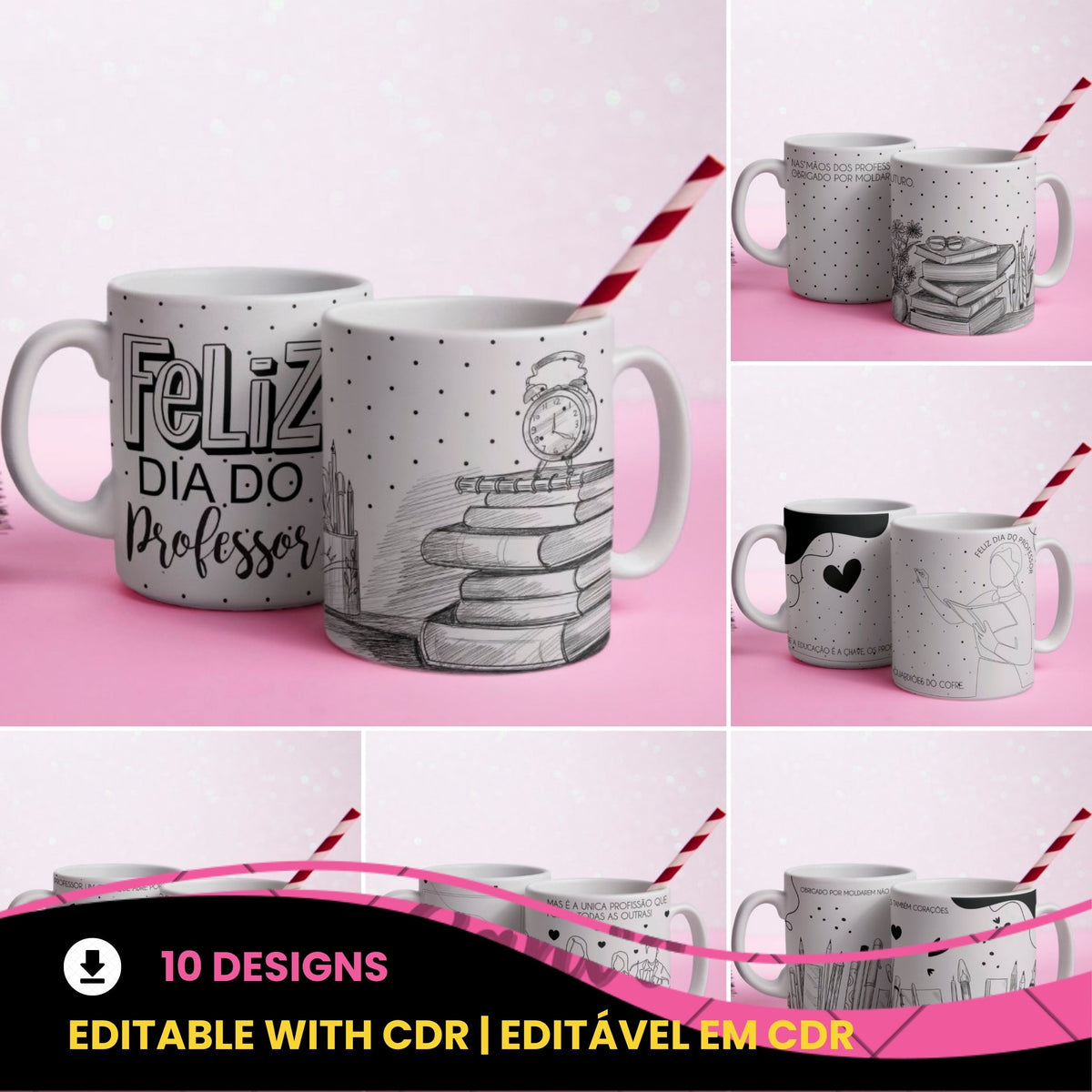 Portuguese Teacher Mug Sublimation Designs PNG | Black and White Line Art Professora Mug Wrap