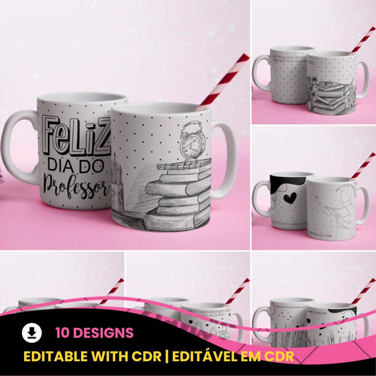 Portuguese Teacher Mug Sublimation Designs PNG | Black and White Line Art Professora Mug Wrap