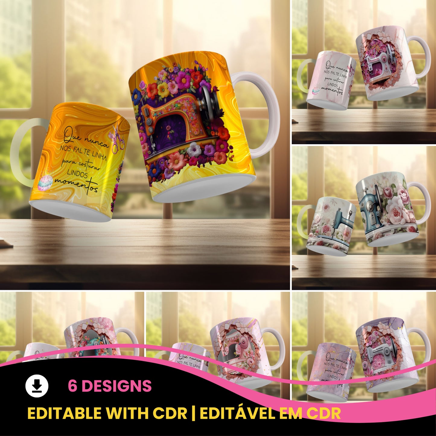 Vintage Sewing Machine Mug Sublimation PNG Bundle | Floral Seamstress Coffee Cup Wrap
