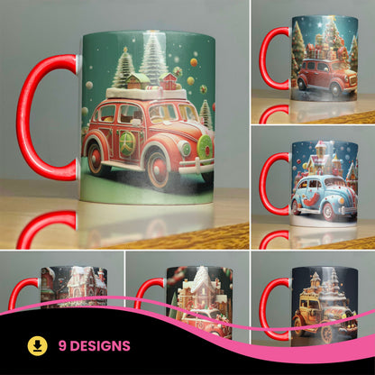 Vintage Christmas Car Mug Sublimation PNG Bundle | Retro Holiday VW Beetle Coffee Cup Wrap Template