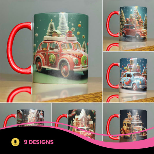 Vintage Christmas Car Mug Sublimation PNG Bundle | Retro Holiday VW Beetle Coffee Cup Wrap Template