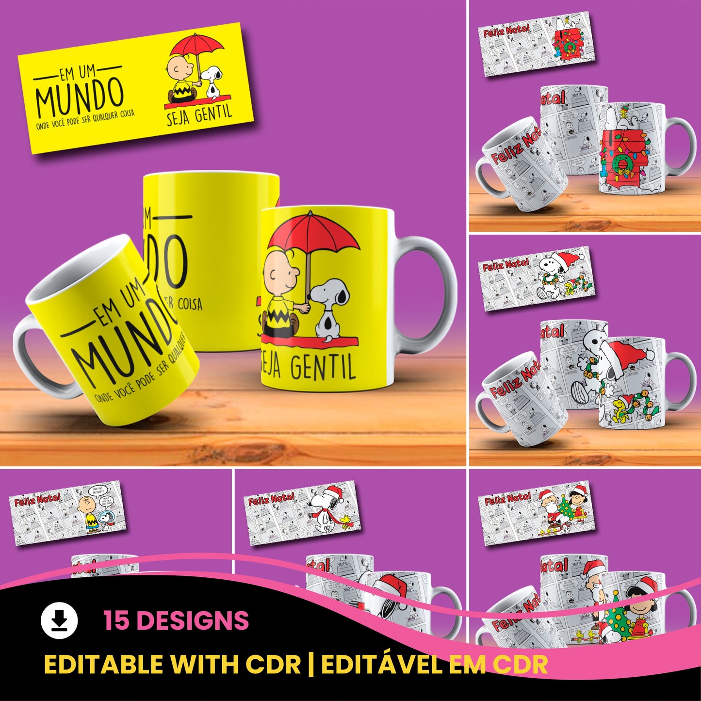 Cute Christmas Dog Comic Mug Sublimation Wrap PNG Bundle | Holiday Beagle & Friends Comic Strip Mug Template