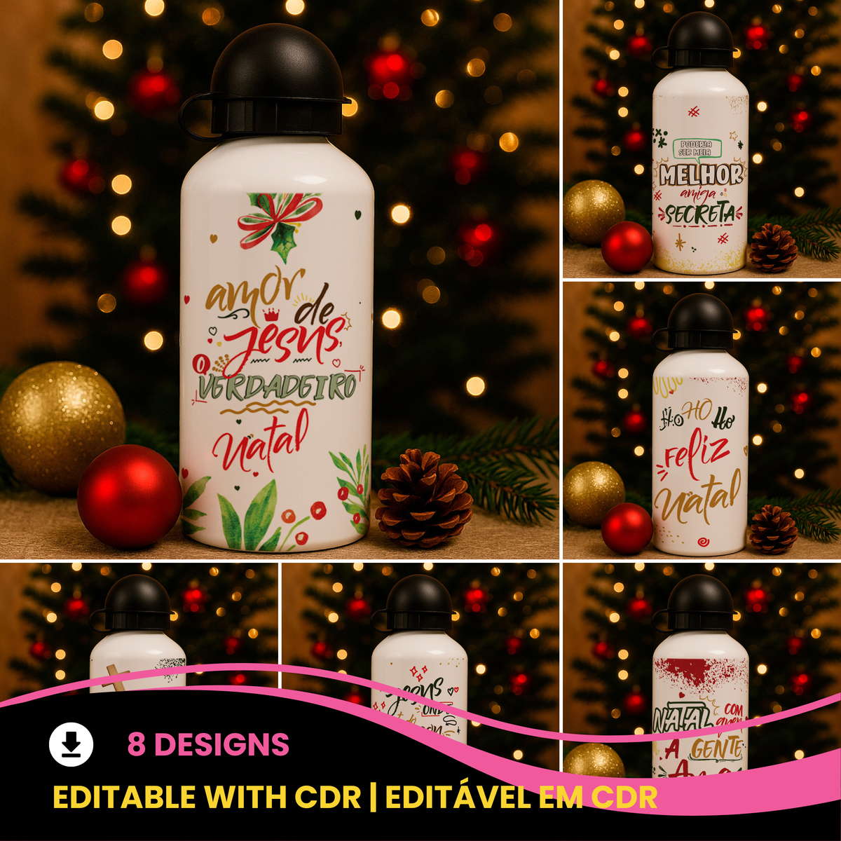 Christmas Squeeze Bottle Sublimation Design | Gold & Red Xmas Bottle Sublimation Wrap