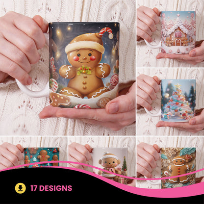 Cute Gingerbread Christmas Mug Sublimation PNG Bundle | 3D Holiday Gingerbread Man & Cookie House Mug Wrap 11oz 15oz Template