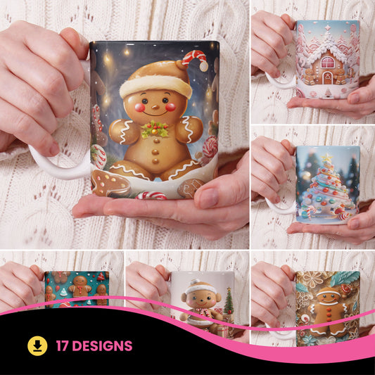 Cute Gingerbread Christmas Mug Sublimation PNG Bundle | 3D Holiday Gingerbread Man & Cookie House Mug Wrap 11oz 15oz Template