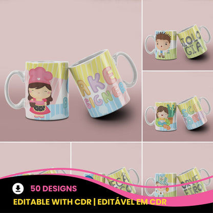 Cute Professions Mug Sublimation PNG Bundle | Chibi Careers Coffee Cup Wrap