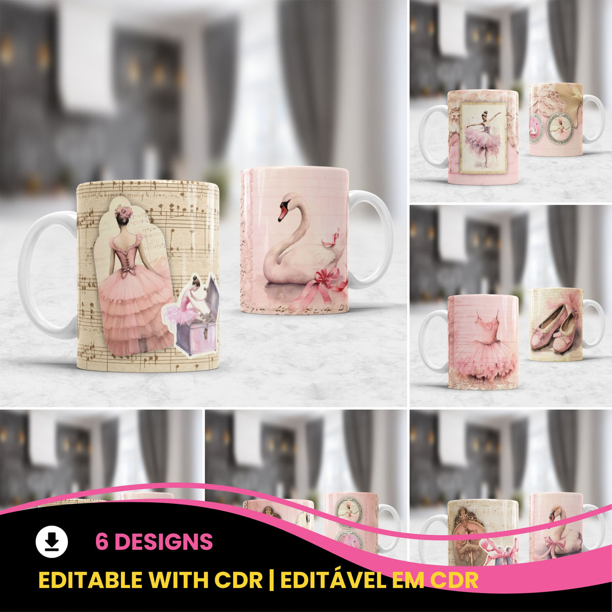 Vintage Ballet Mug Sublimation Designs PNG | Elegant Ballerina Pink Tutu Pointe Shoes Coffee Cup Wrap Bundle