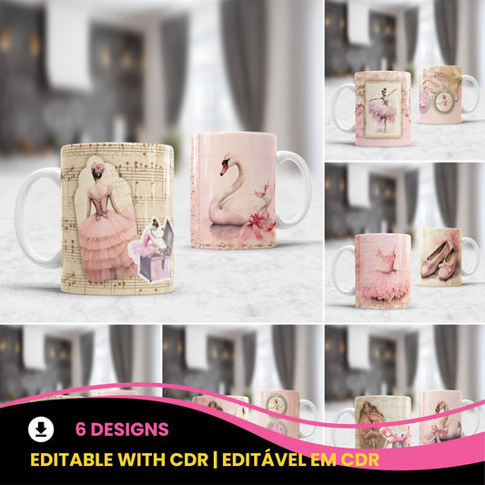 Vintage Ballet Mug Sublimation Designs PNG | Elegant Ballerina Pink Tutu Pointe Shoes Coffee Cup Wrap Bundle