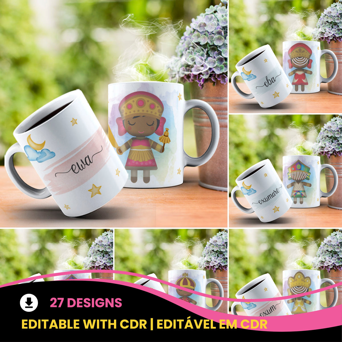 Cute Orixas Mug Sublimation PNG Bundle | Cute Orisha Coffee Cup Wrap Design