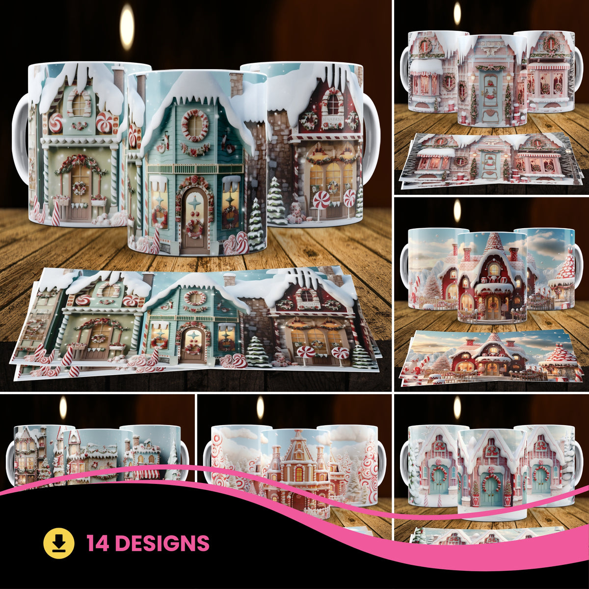 3D Christmas Gingerbread House Mug Sublimation PNG Bundle | Cute Pastel Candy Village Mug Wrap 11oz 15oz Template