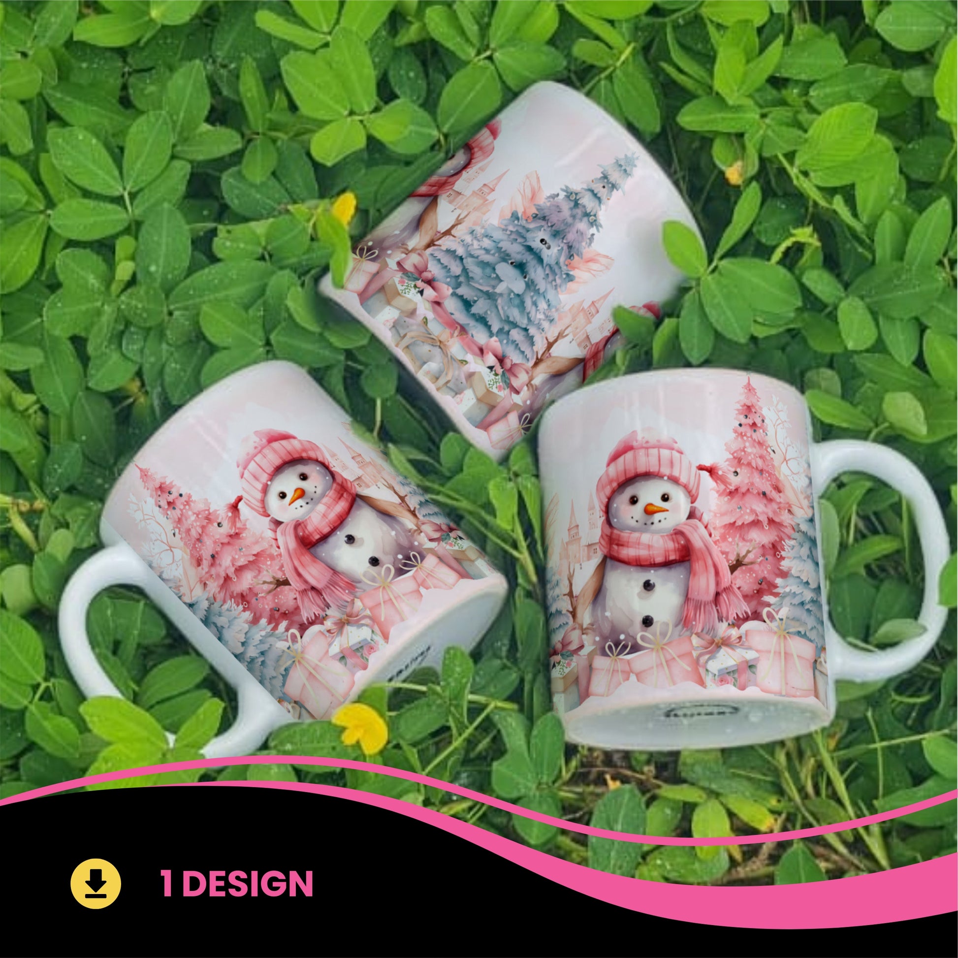 Cute Pink Christmas Snowman Mug Sublimation PNG Bundle | Pastel Winter Wonderland Coffee Cup Wrap