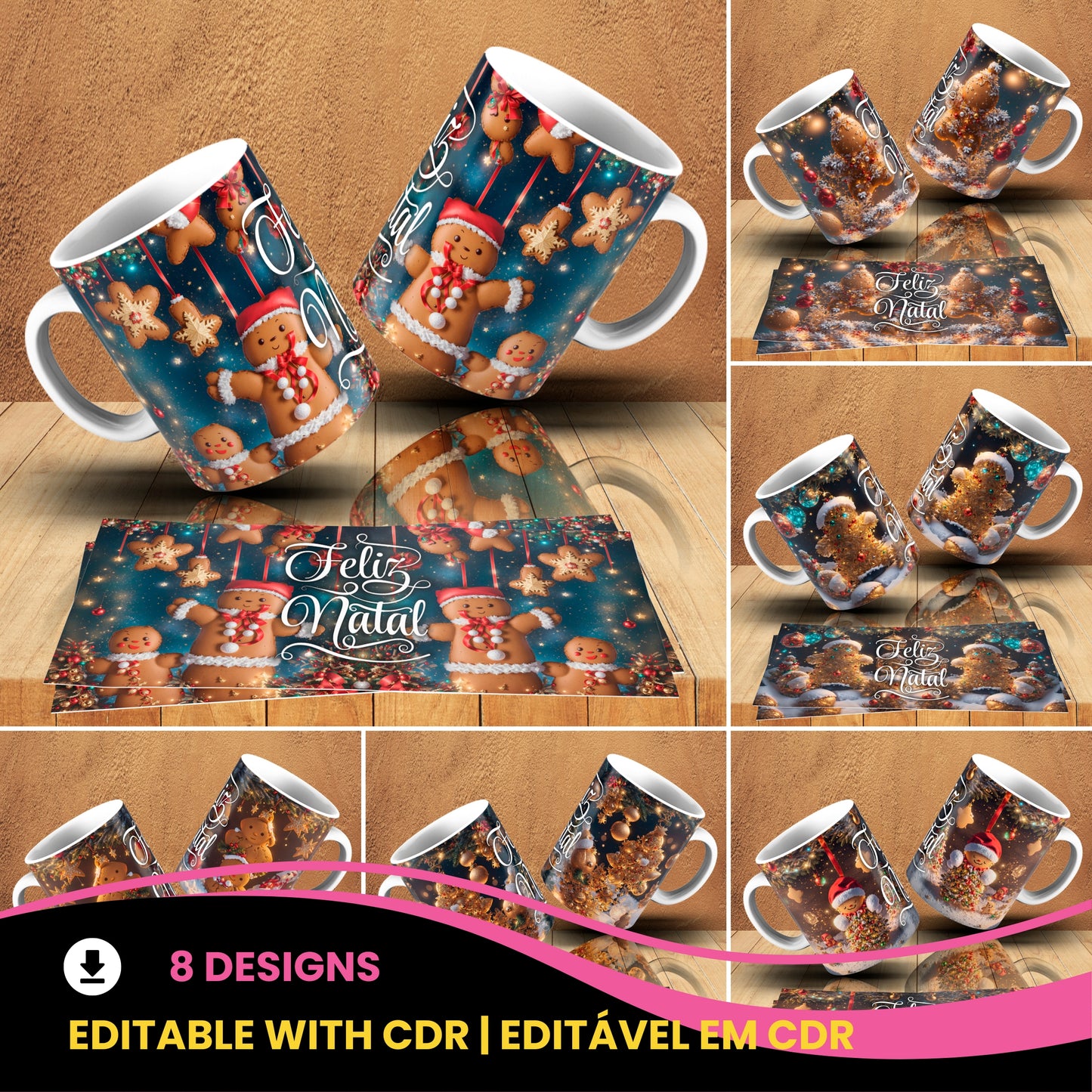 Gingerbread Christmas Mug Wrap Bundle PNG | Cute Gingerbread Man Sublimation Design