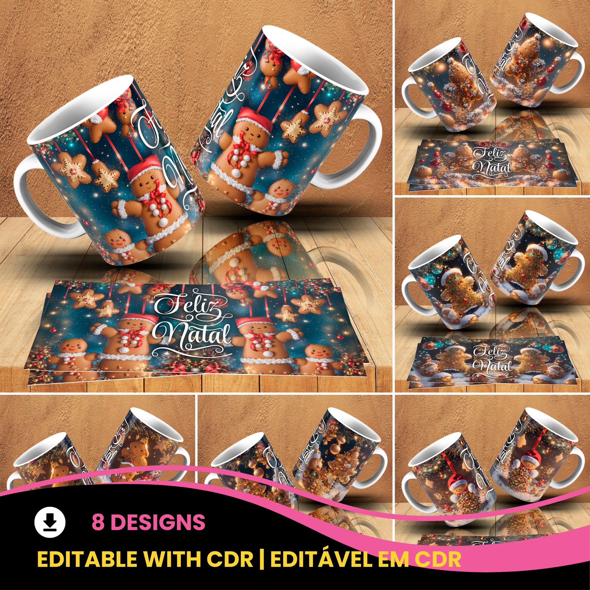 Gingerbread Christmas Mug Wrap Bundle PNG | Cute Gingerbread Man Sublimation Design