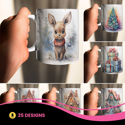 Watercolor Christmas Mug Wrap Bundle PNG | Cozy Winter Cottage Sublimation Design