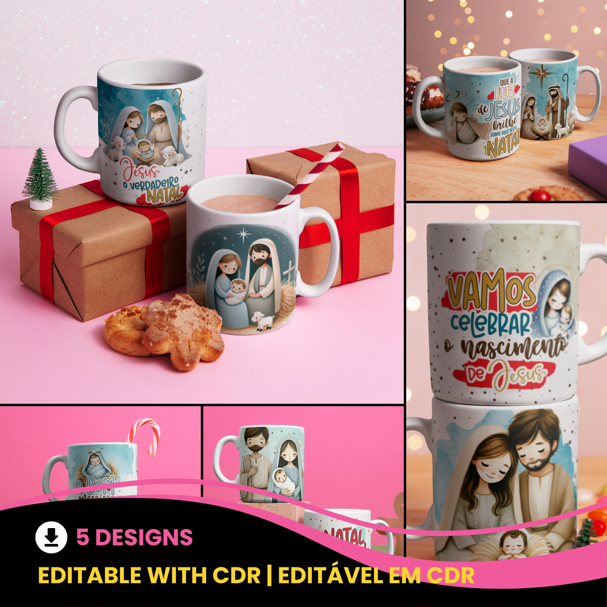 Christian Christmas Mug Sublimation Bundle | Nativity Scene Mug Wrap PNG | Jesus Is Born Holiday Coffee Cup Design