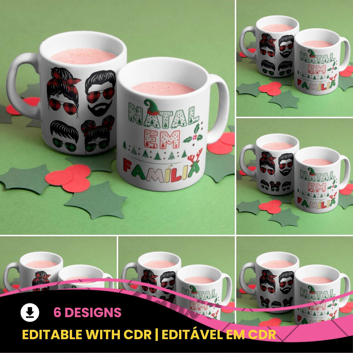 Portuguese Christmas Mug Sublimation Designs PNG Bundle | Natal em Familia Mug Wrap Template