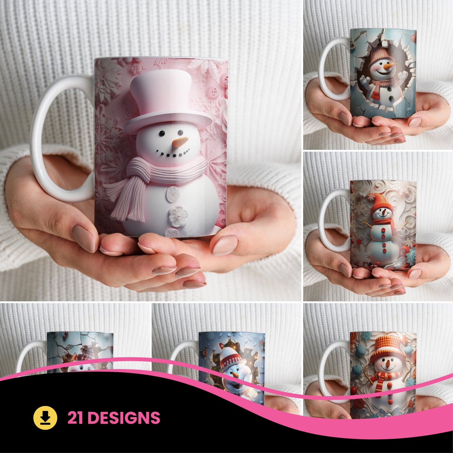 3D Snowman Mug Sublimation PNG Bundle | Cute Winter Snowman Breaking Through Wall Mug Wrap 11oz 15oz Template