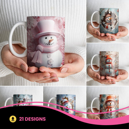 3D Snowman Mug Sublimation PNG Bundle | Cute Winter Snowman Breaking Through Wall Mug Wrap 11oz 15oz Template
