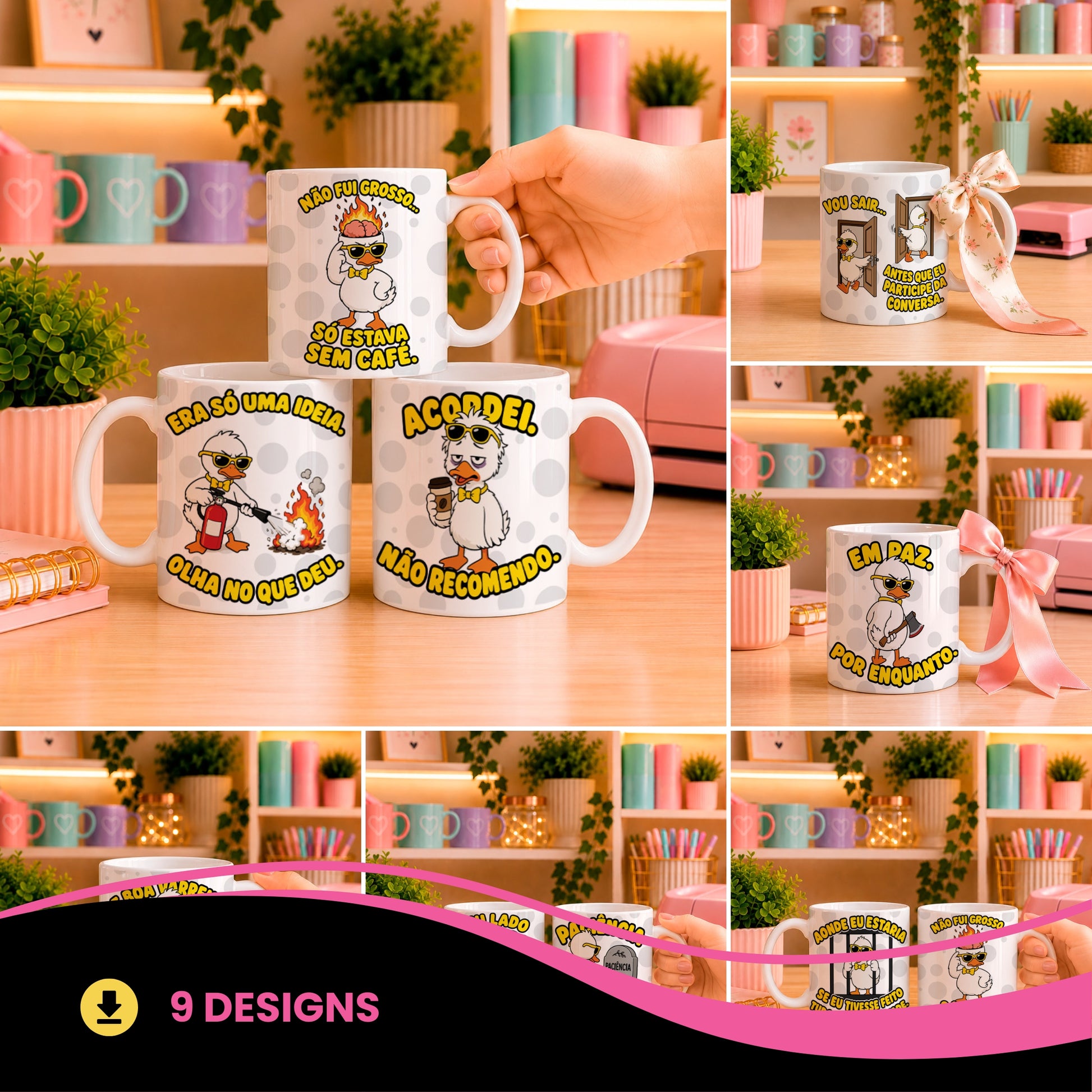 Sarcastic Duck Mug Sublimation PNG Bundle | Funny Portuguese Quotes Coffee Cup Wrap