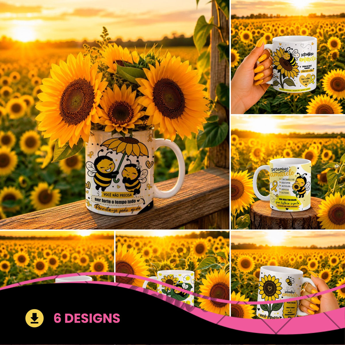 Yellow September Mental Health Awareness Mug Wrap Sublimation PNG Bundle | Cute Bee Sunflower Self Care Mug PNG