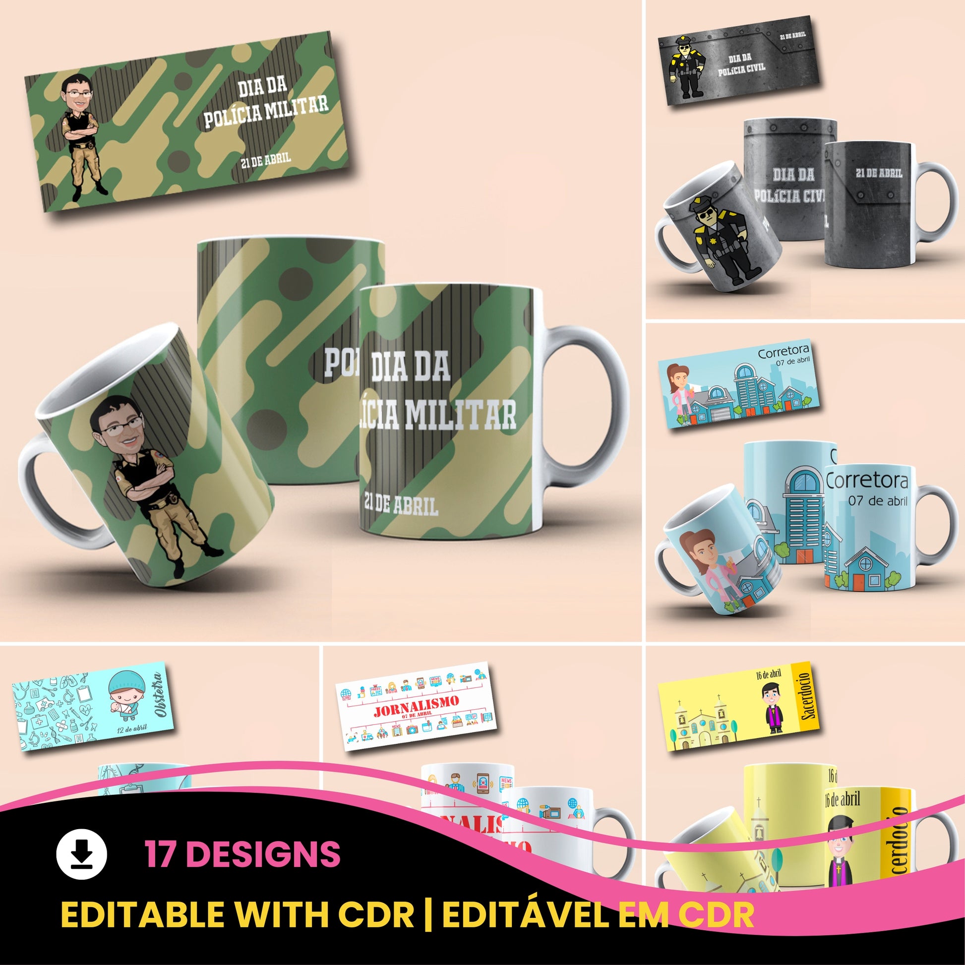 April Professions Mug Sublimation PNG Bundle | Cute Career Coffee Cup Wrap